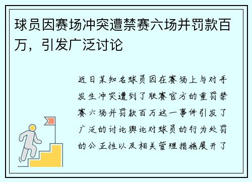 球员因赛场冲突遭禁赛六场并罚款百万，引发广泛讨论